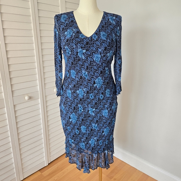 Eva Blue Floral Beaded Bias Midi Dress Sz 12 Vtg 90s Y2K Whimsigoth Fairy Grunge - Picture 1 of 13